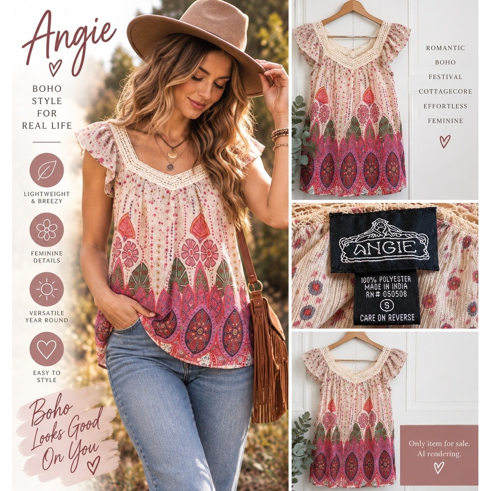 Floral Paisley Boho Flutter Sleeve Top Pink Crochet Lace Romantic Angie Small